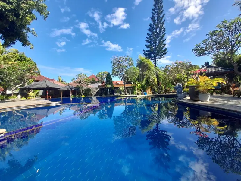 Une piscine rectangulaire turquoise reflète le ciel bleu et la végétation luxuriante.