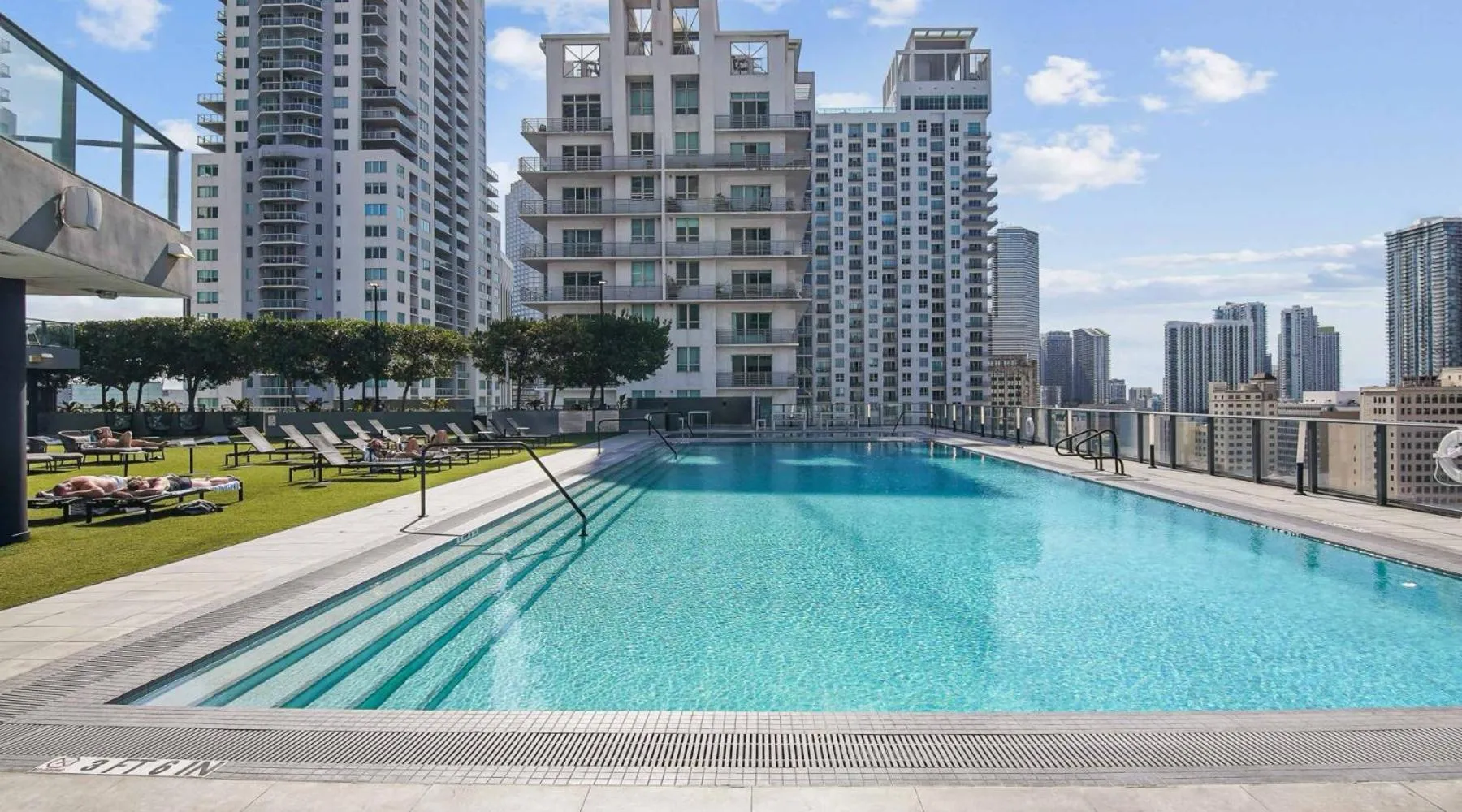 Piscine rectangulaire sur un toit végétalisé avec transats et bâtiments en arrière-plan.