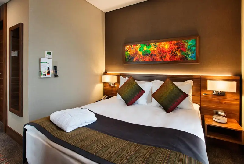 Une chambre d'hotel avec un grand lit recouvert d'une courtepointe et de coussins.