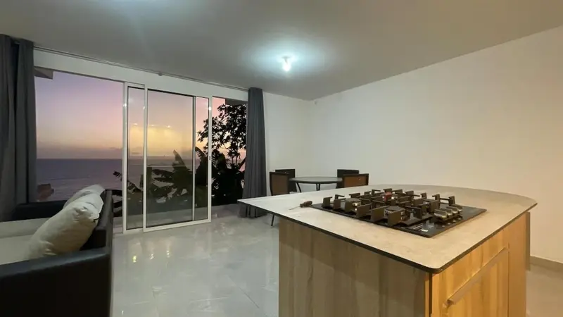 Espace de vie lumineux avec cuisine ouverte et vue sur la mer.