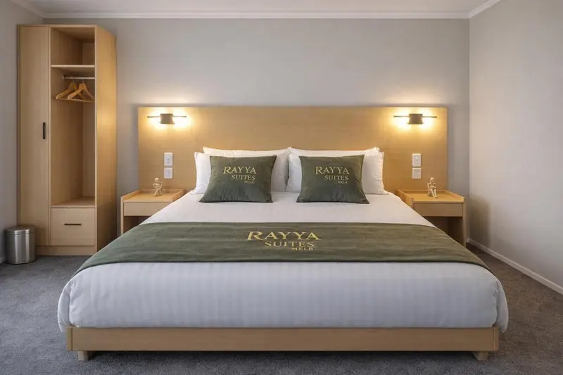 Une chambre d'hôtel avec un grand lit recouvert d'une couette blanche et de coussins verts.