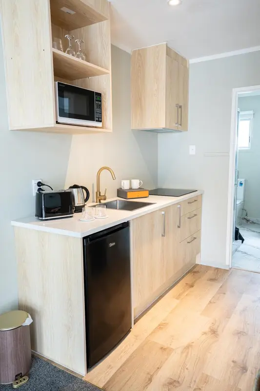 Une kitchenette claire avec un micro-ondes, un évier et une plaque de cuisson.