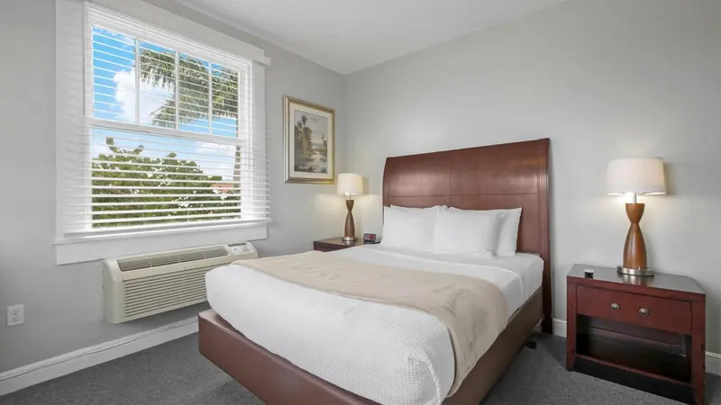 Une chambre lumineuse avec un grand lit et une fenêtre.