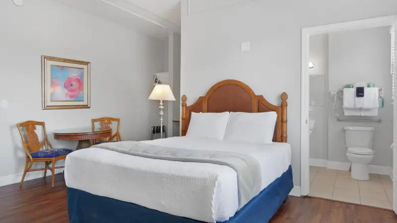 Une chambre lumineuse avec un lit double et une table de chevet.