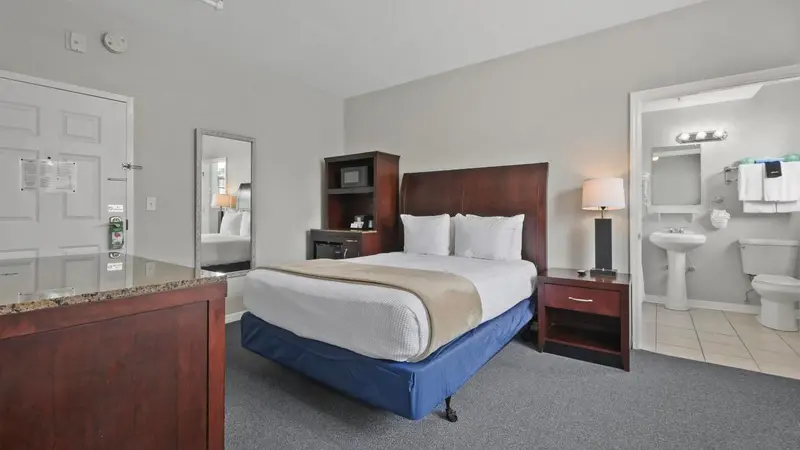 Une chambre avec un grand lit et un coin salle de bain.