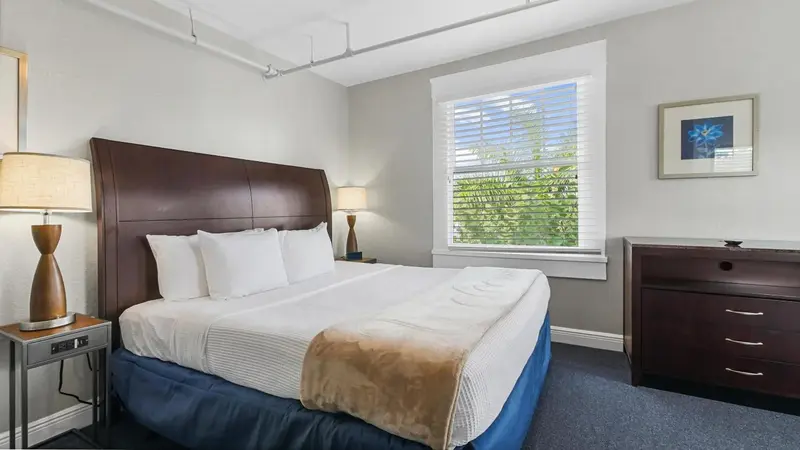 Une chambre lumineuse avec un grand lit et une fenêtre.