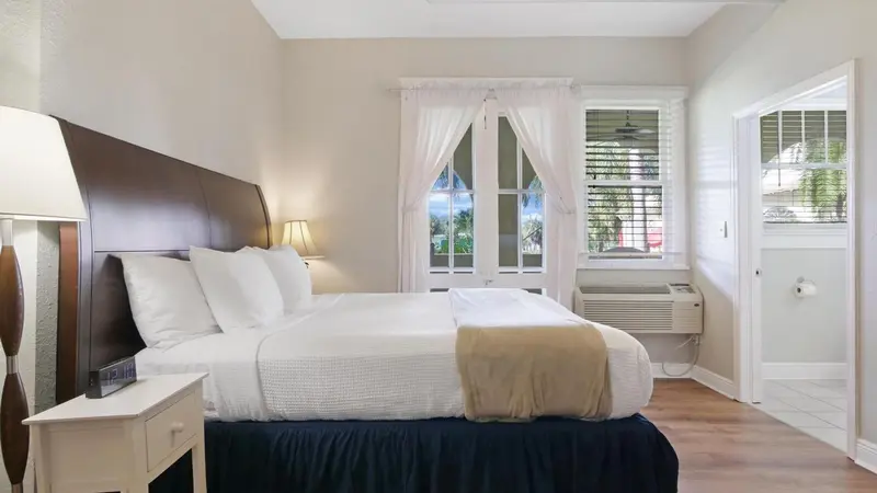 Une chambre lumineuse avec un grand lit et une vue sur la végétation.