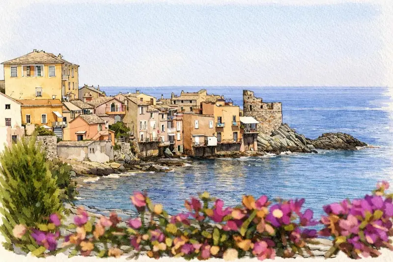 Village coloré surplombant une crique rocheuse et la mer.