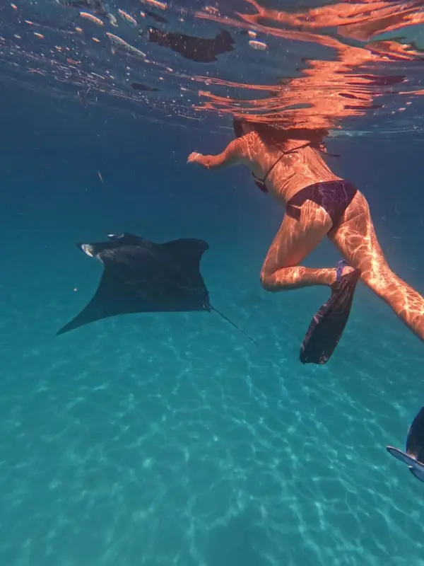 Une nageuse suit une raie manta dans une eau turquoise.