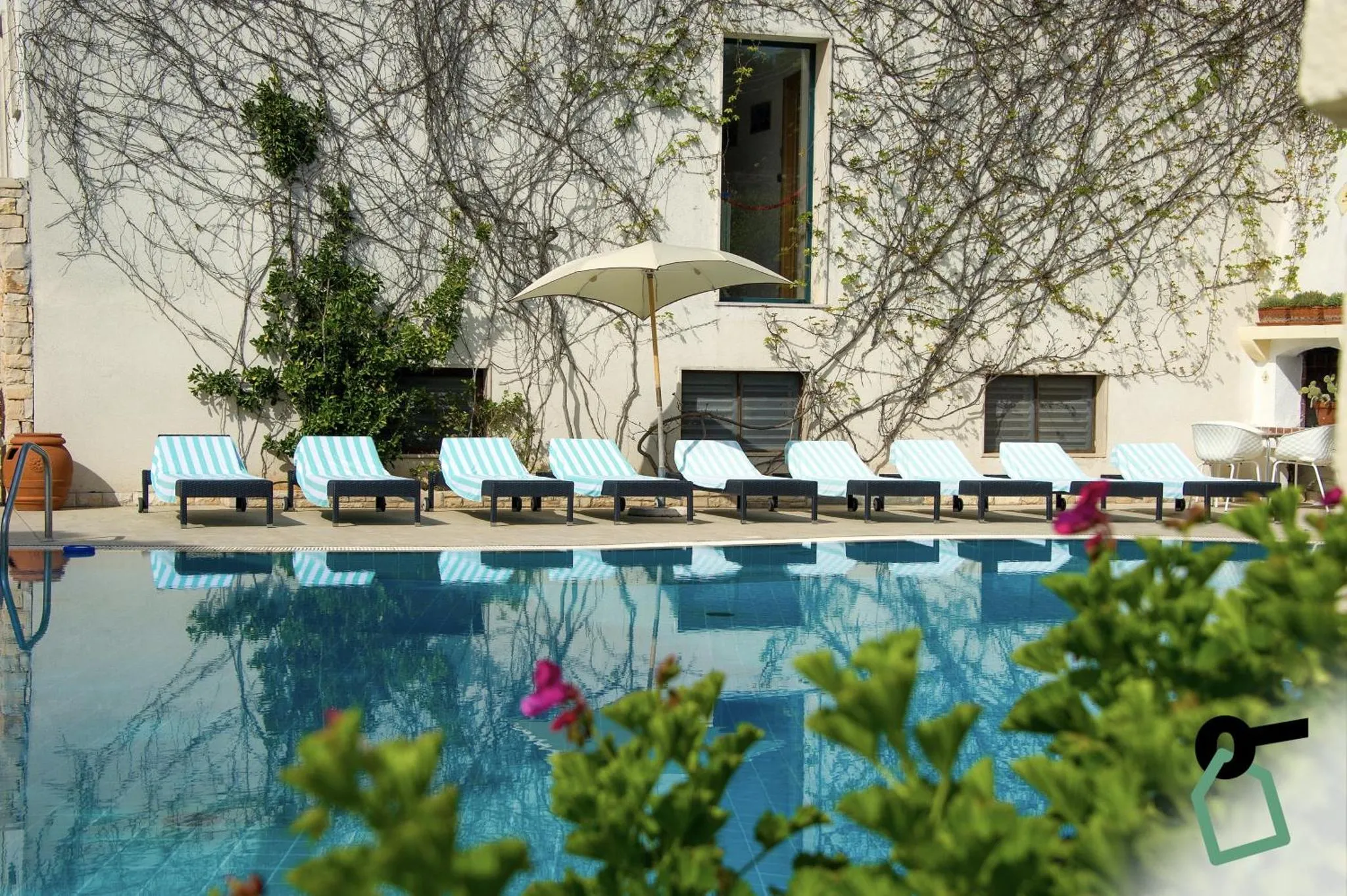 Transats bleus alignés au bord d'une piscine turquoise ombragée par un parasol.