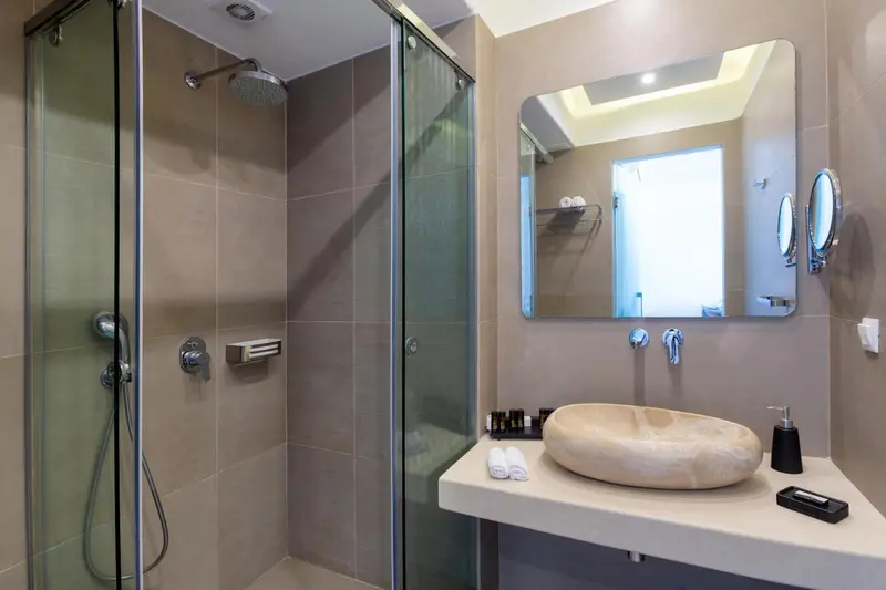 Une salle de bain moderne avec douche à l'italienne et vasque en pierre.