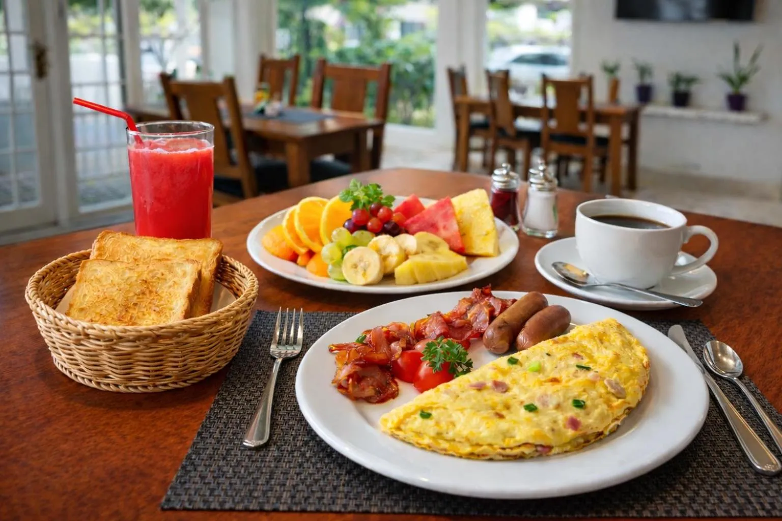 Un petit-déjeuner copieux est présenté sur une table en bois.