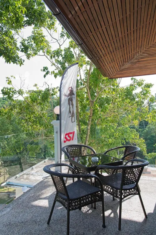 Terrasse ombragée avec mobilier de jardin et vue sur la végétation.