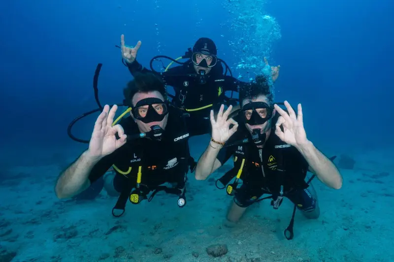 Quatre plongeurs sourient et font des signes de la main sous l'eau.
