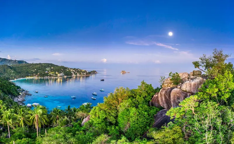 Vue panoramique sur une baie bordée de végétation luxuriante et de plages.