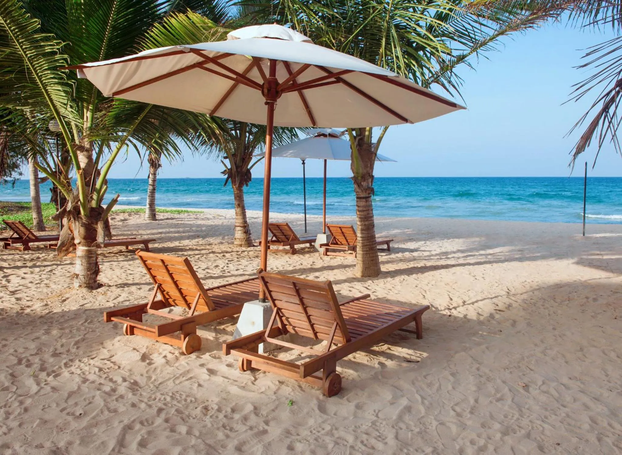 Transats en bois sur une plage de sable fin, sous des parasols et des palmiers.