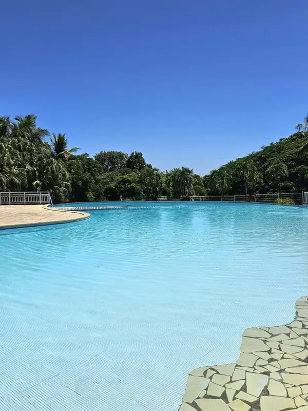 Une piscine rectangulaire aux eaux turquoise, bordée d'une plage en pierre et entourée de végétation luxuriante sous un ciel bleu.