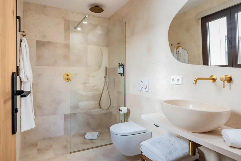 Une salle de bain moderne avec douche à l'italienne et vasque intégrée.