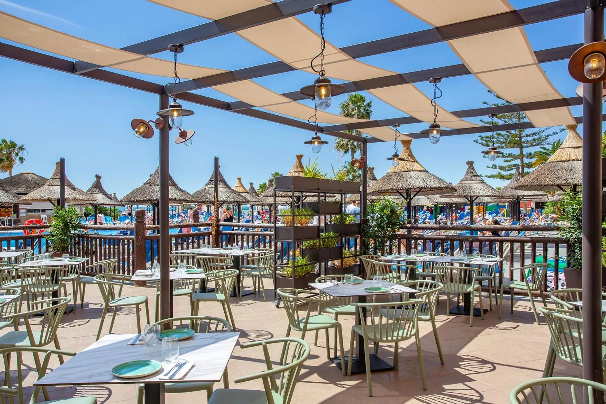Terrasse ombragée avec tables et chaises vertes près d'une piscine.
