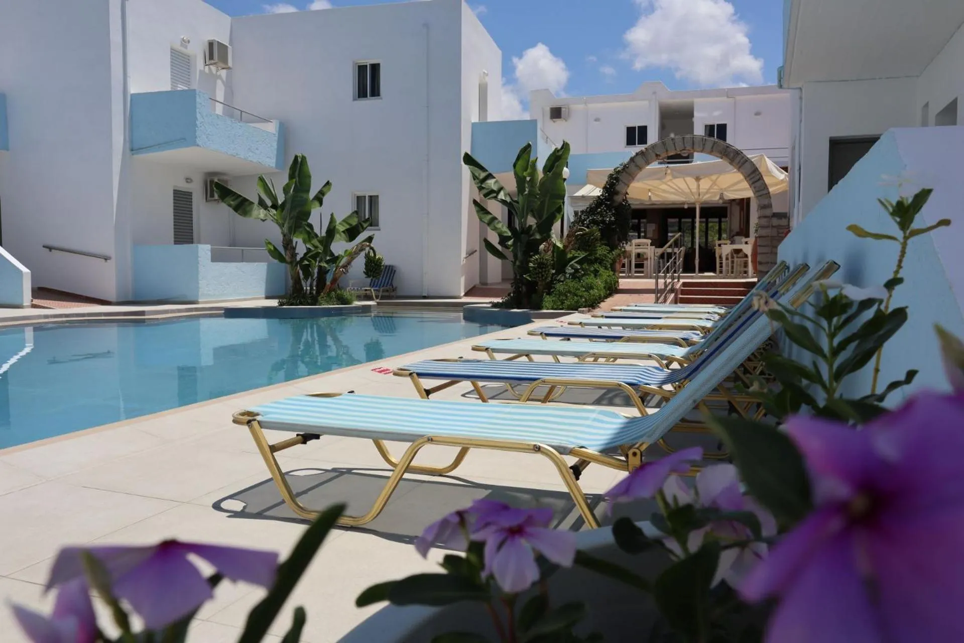 Transats bleus alignés au bord d'une piscine turquoise dans un jardin tropical.