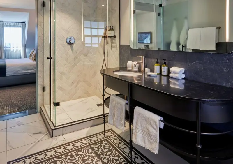 Une salle de bain moderne avec une douche à l'italienne et un meuble vasque sombre.