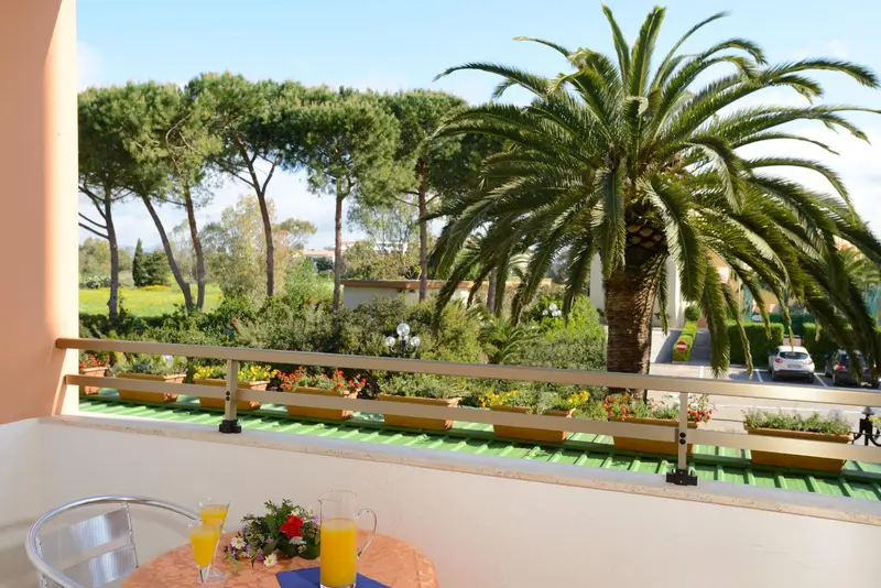 Une table avec des boissons et des fleurs sur un balcon ensoleillé.