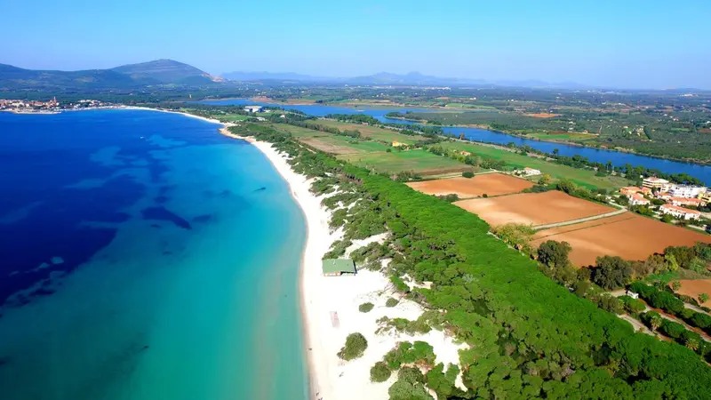 Vue aérienne d'une plage de sable blanc bordée d'une eau turquoise et d'une végétation luxuriante.