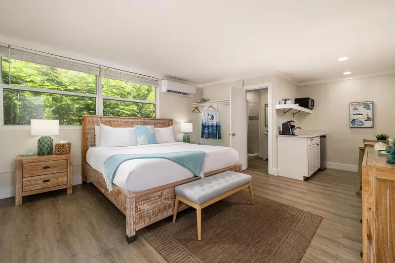 Une chambre lumineuse avec un grand lit et un coin cuisine.