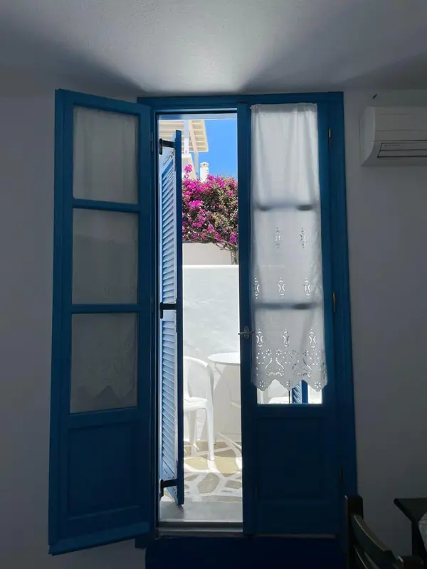 Une porte bleue ouverte sur une terrasse fleurie.