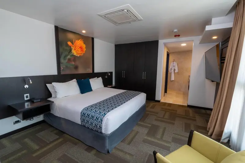 Une chambre moderne avec un grand lit et une décoration sobre.