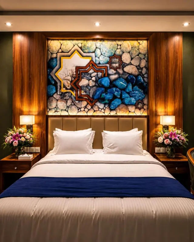 Une chambre d'hotel avec un grand lit et une décoration murale.
