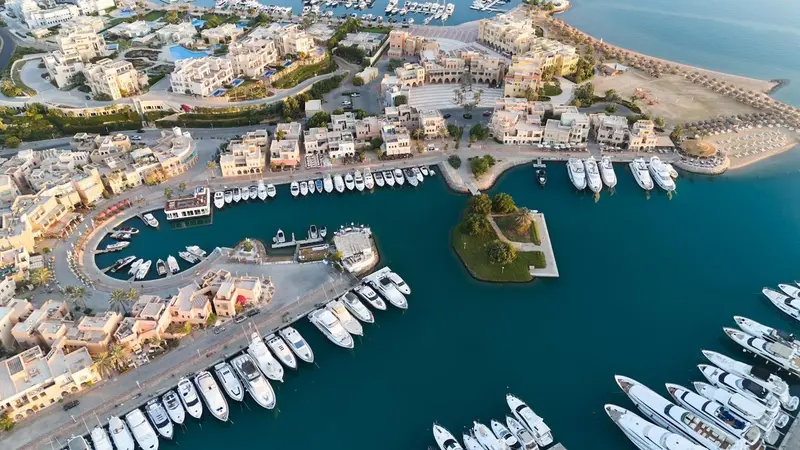 Vue aérienne d'une marina bordée de bâtiments et de bateaux.