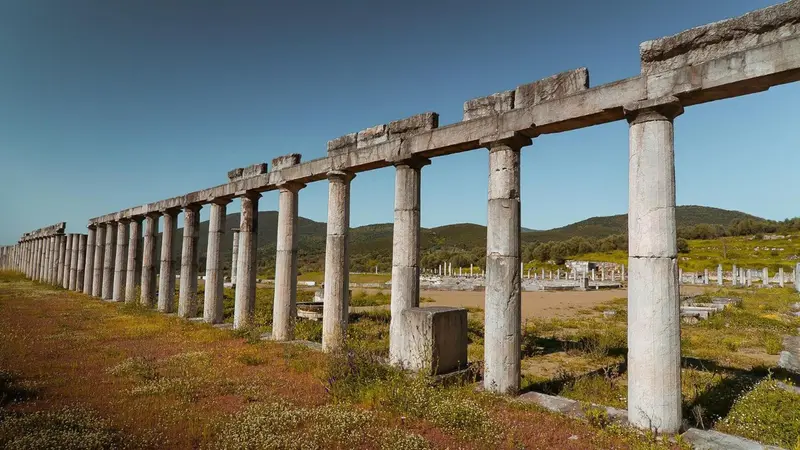 Ruines antiques avec colonnes alignées sous un ciel bleu dégagé.