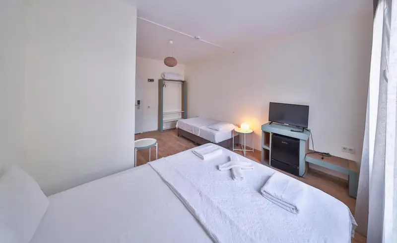Une chambre lumineuse avec deux lits simples et une télévision.