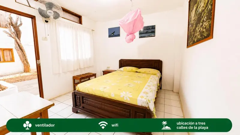 Une chambre lumineuse avec un lit recouvert d'une moustiquaire et un ventilateur au plafond.