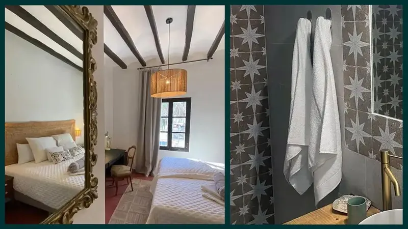 Une chambre à coucher avec un lit et un miroir décoratif.