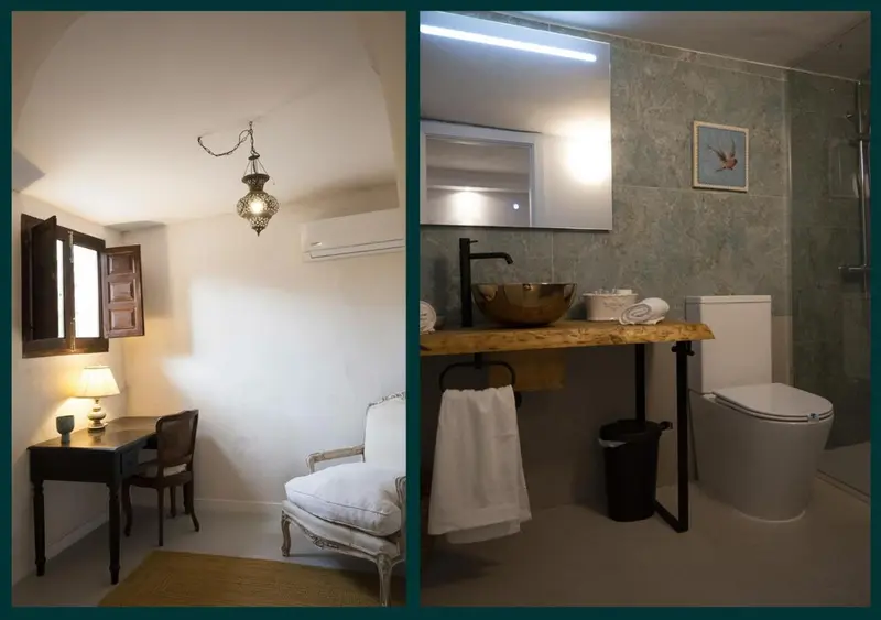 Une pièce lumineuse avec un coin salon et une salle de bain moderne.
