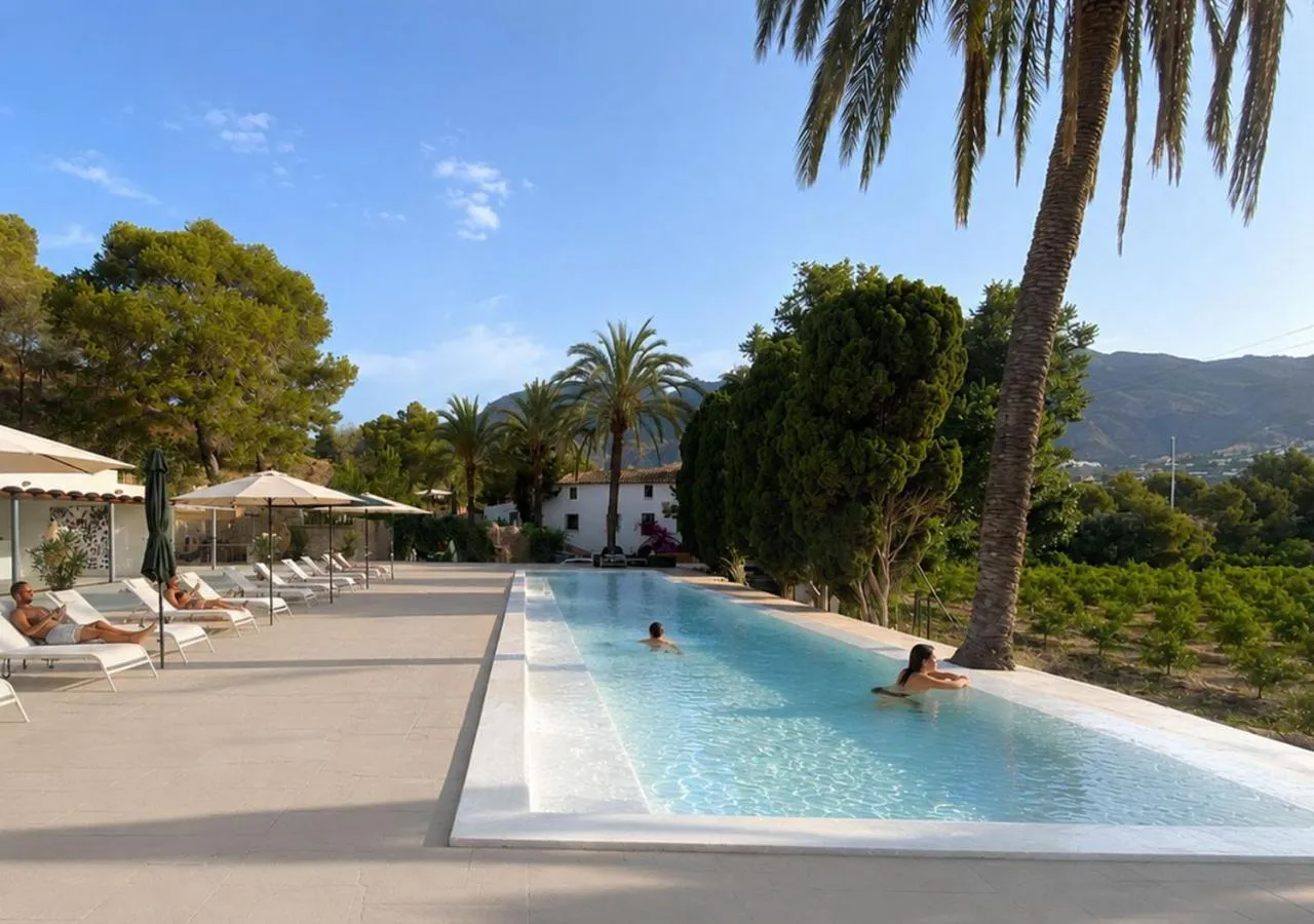Une piscine rectangulaire bordée de transats sous des parasols, avec des palmiers et des collines en arrière-plan.