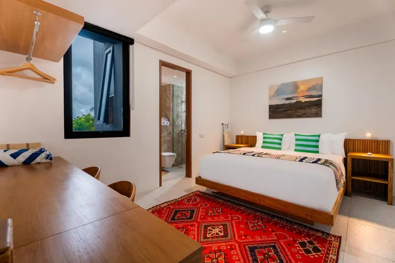Une chambre lumineuse avec un grand lit et un tapis coloré.