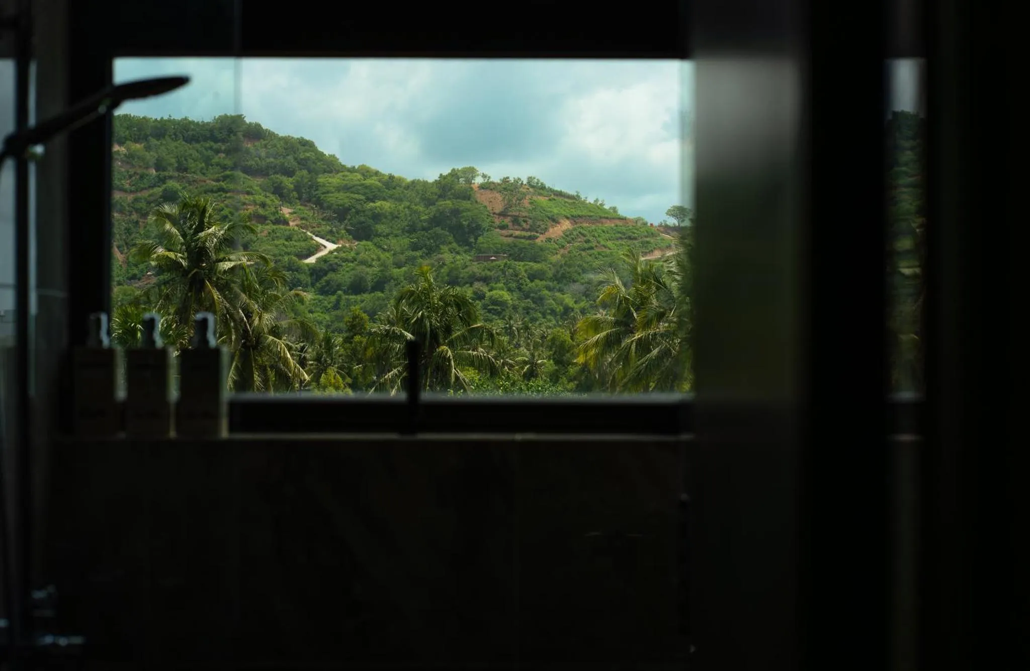 Vue sur une colline verdoyante à travers une fenêtre sombre.