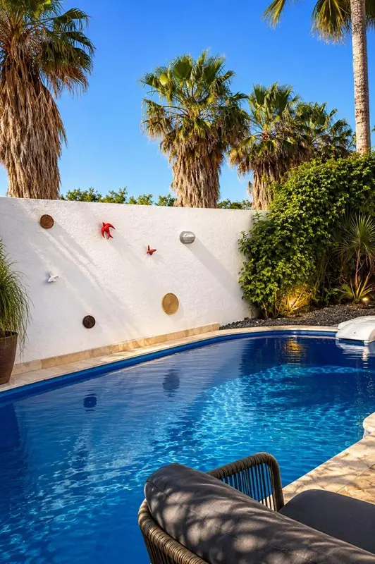 Une piscine bleue bordée d'une terrasse ensoleillée avec des palmiers.