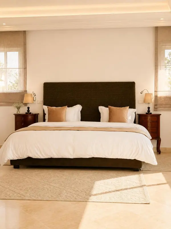 Une chambre lumineuse avec un grand lit recouvert d'une courtepointe blanche et de coussins.