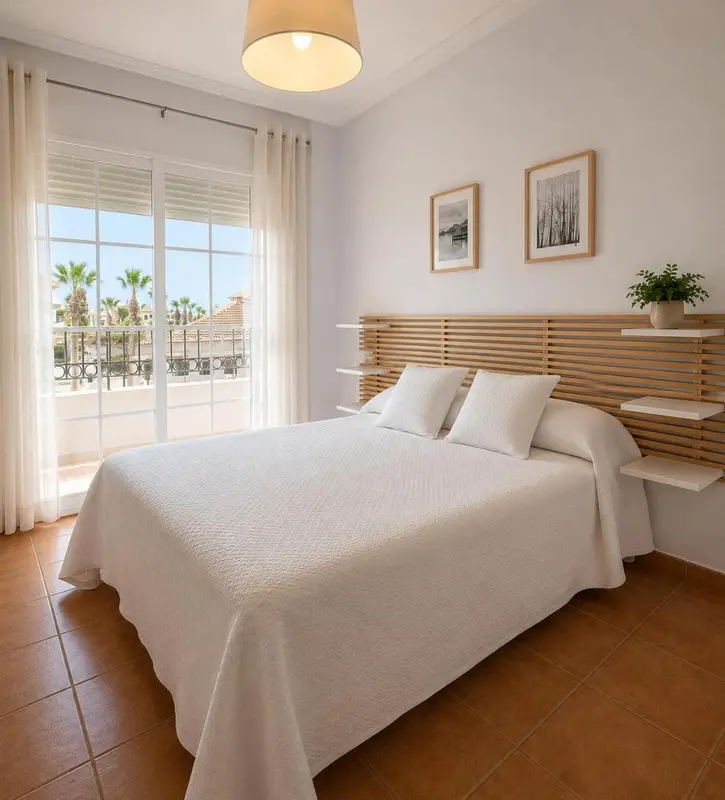 Une chambre lumineuse avec un grand lit et un accès à une terrasse.