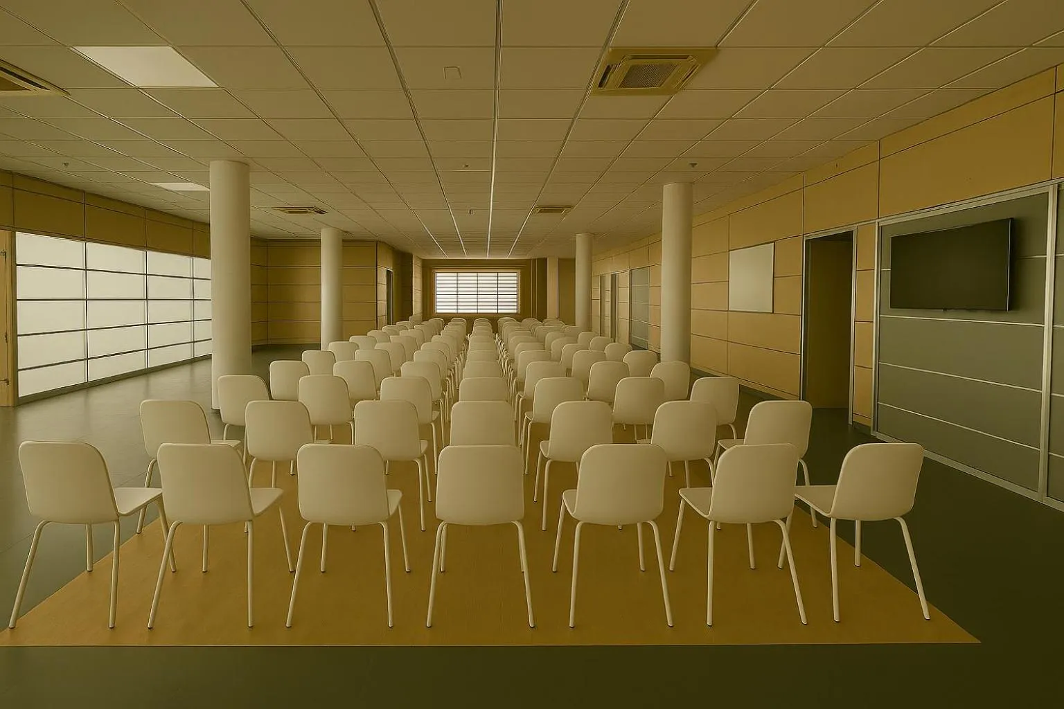 Une grande salle est aménagée avec de nombreuses chaises alignées face à un écran.