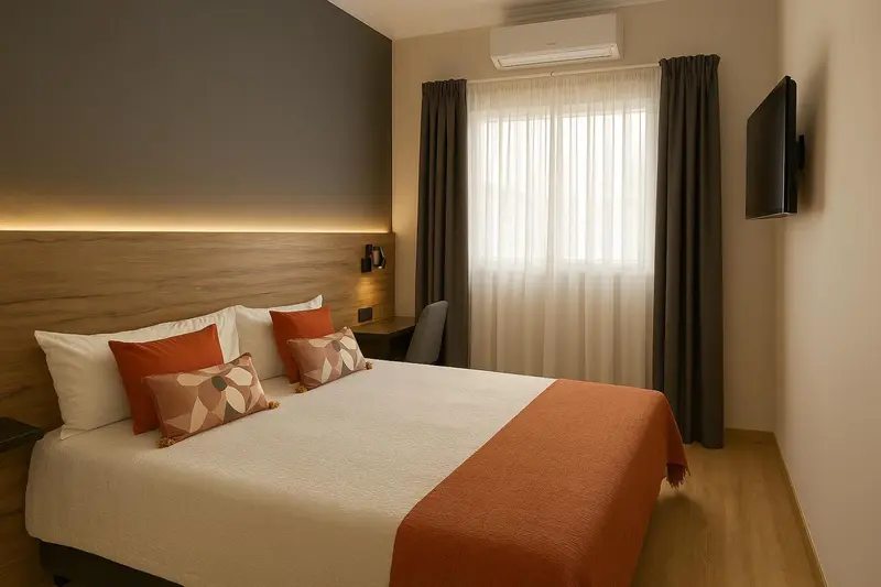 Une chambre lumineuse avec un grand lit et des oreillers décoratifs.