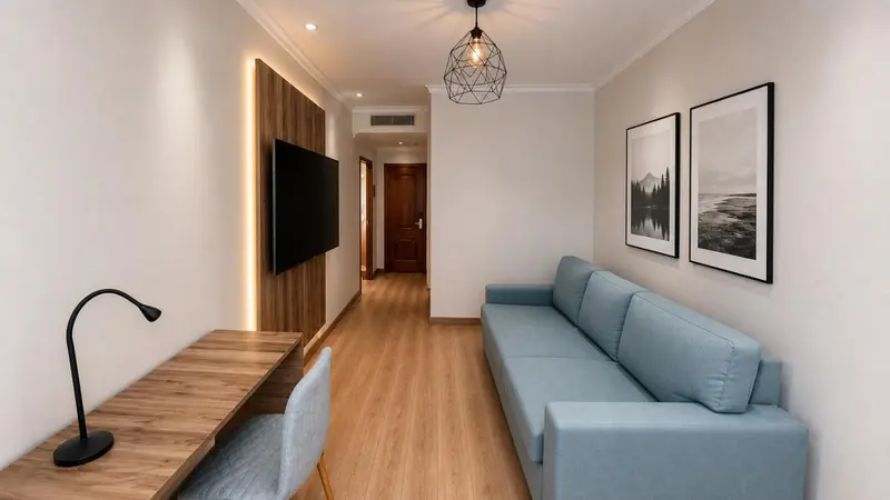 Une pièce lumineuse avec un canapé et un bureau.