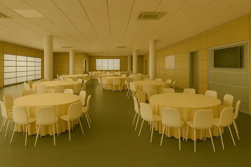 Une grande salle lumineuse est aménagée avec des tables rondes et des chaises.