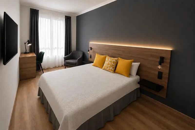 Une chambre lumineuse avec un grand lit et un fauteuil.