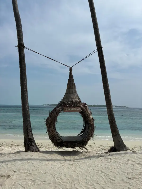 Un hamac tisse suspendu entre deux palmiers sur une plage de sable blanc.