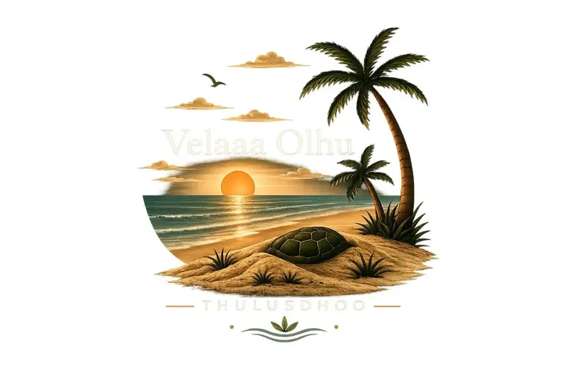 Un coucher de soleil sur l'océan avec des palmiers et une tortue de mer sur une île.